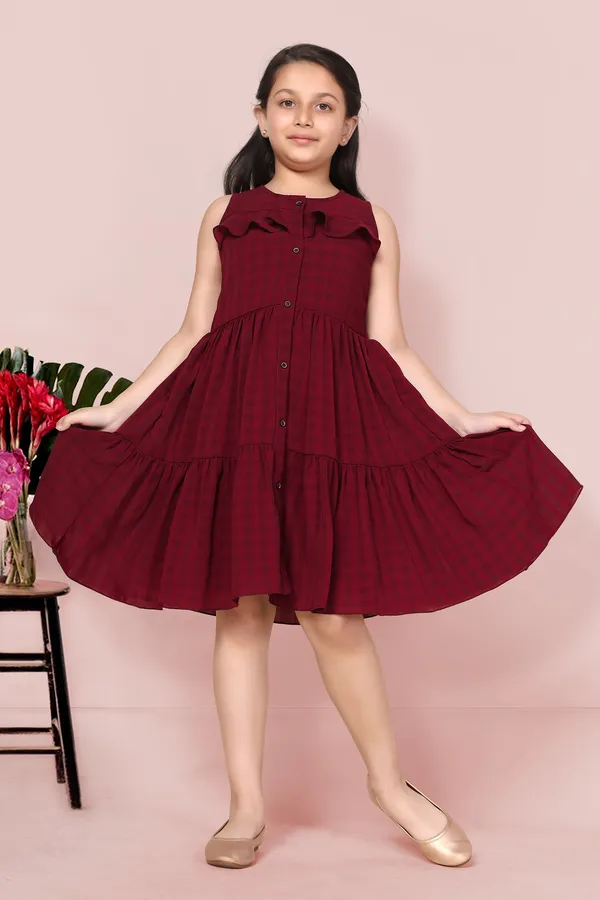 Maroon_Checked_Tiered_Dress_For_Girls