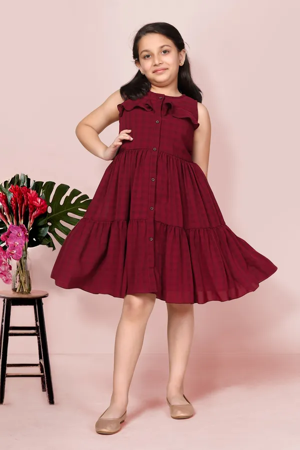 Maroon_Checked_Tiered_Dress_For_Girls