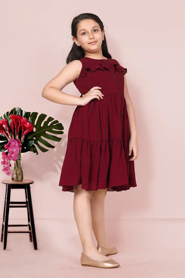 Maroon_Checked_Tiered_Dress_For_Girls