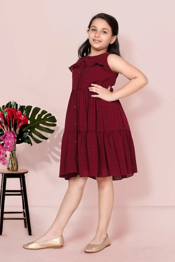 Maroon_Checked_Tiered_Dress_For_Girls