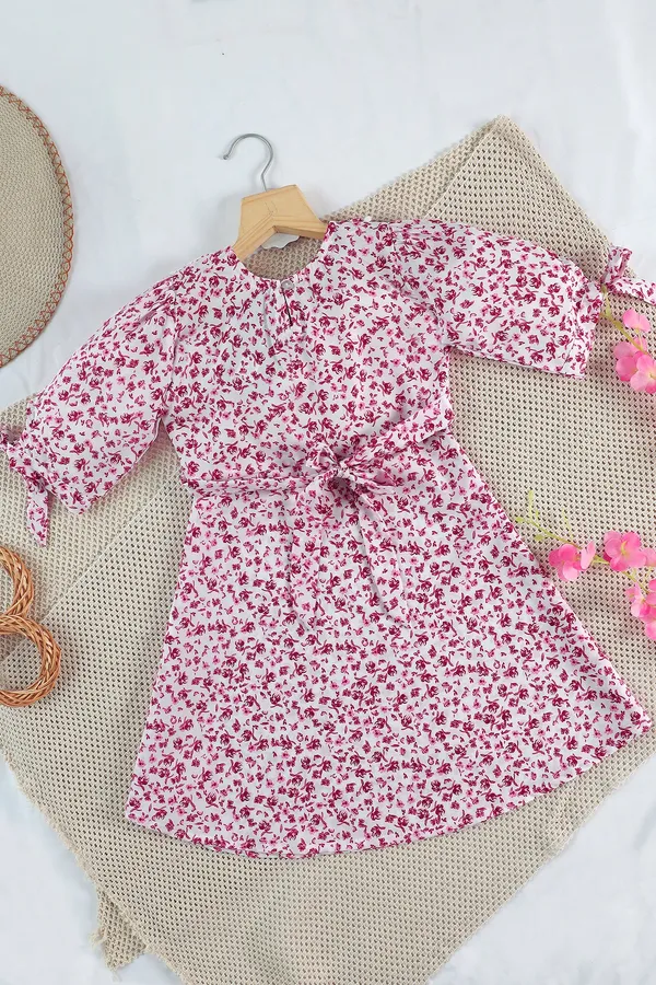 White_Fit_And_Flare_Floral_Printed_Above_Knee_Length_Dress_For_Girls
