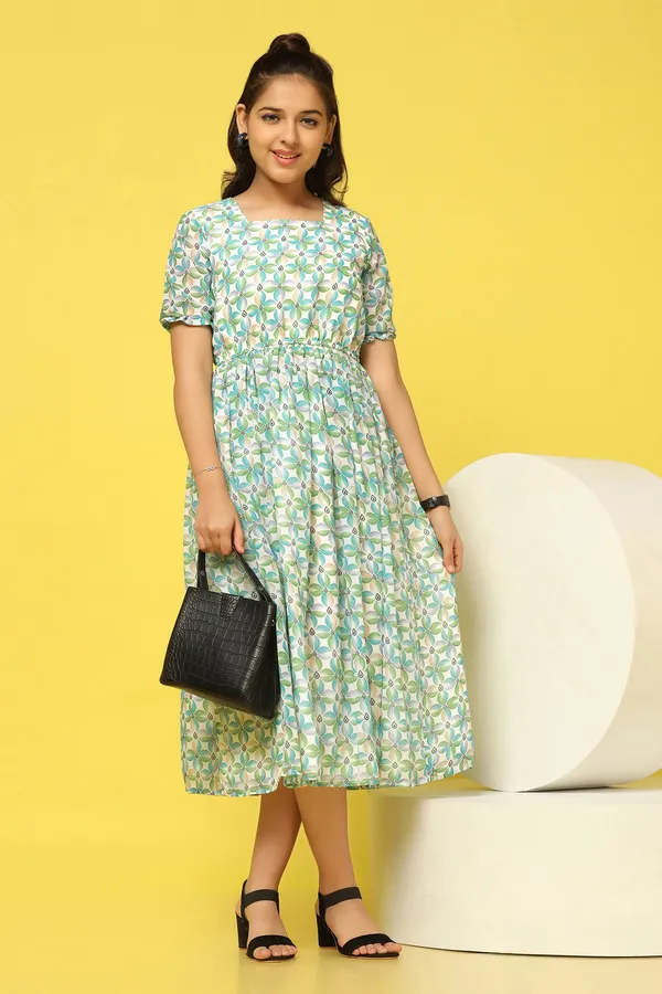 Green_Georgette_Floral_Printed_Calf_Length_Dress_For_Girls