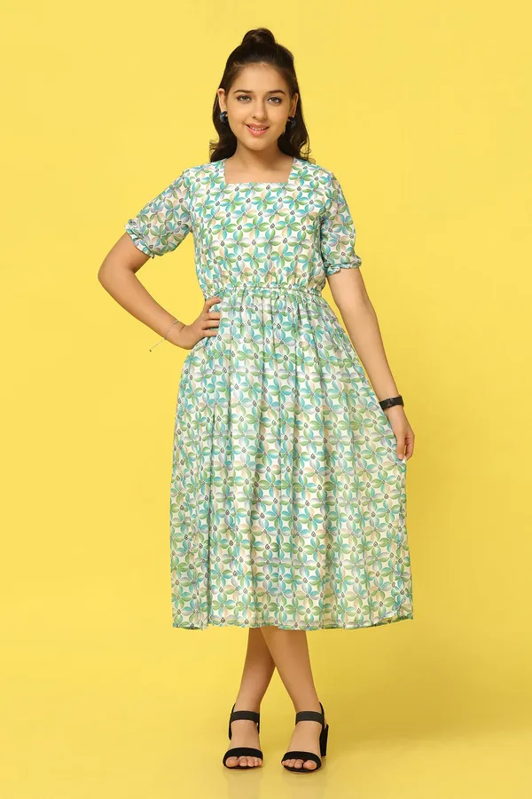 Green_Georgette_Floral_Printed_Calf_Length_Dress_For_Girls