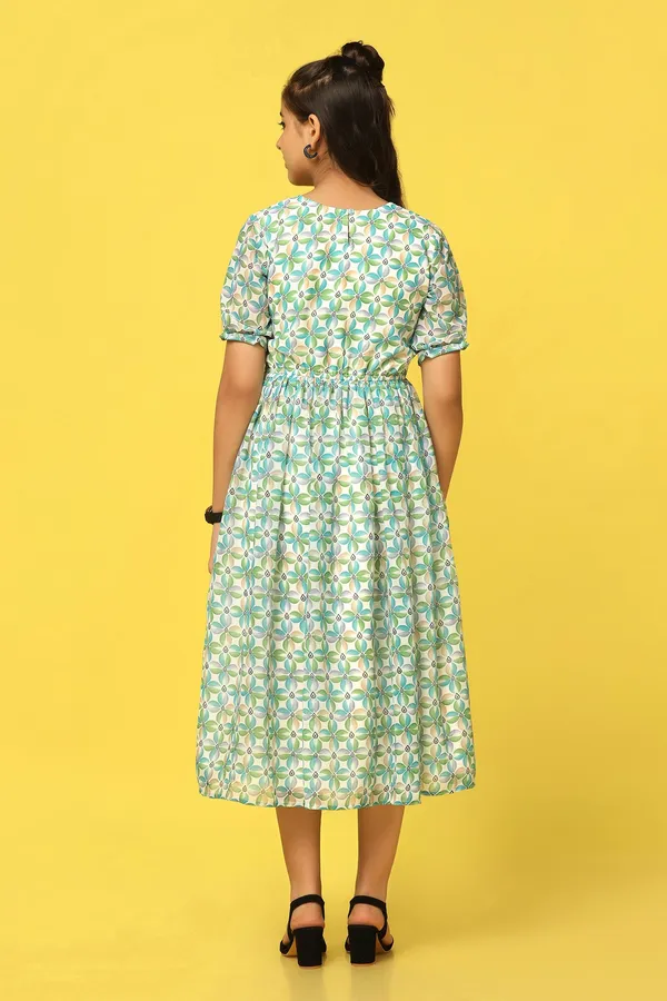 Green_Georgette_Floral_Printed_Calf_Length_Dress_For_Girls