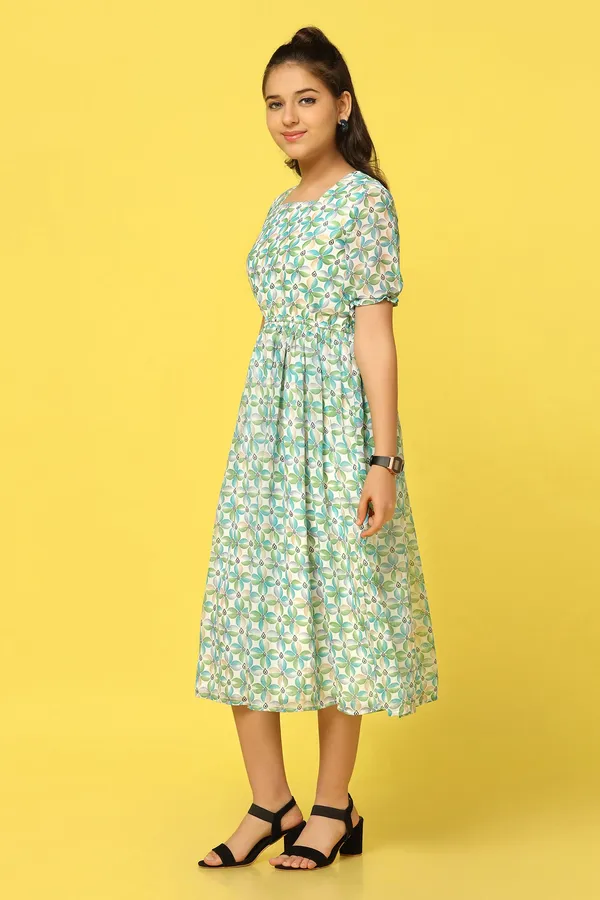 Green_Georgette_Floral_Printed_Calf_Length_Dress_For_Girls
