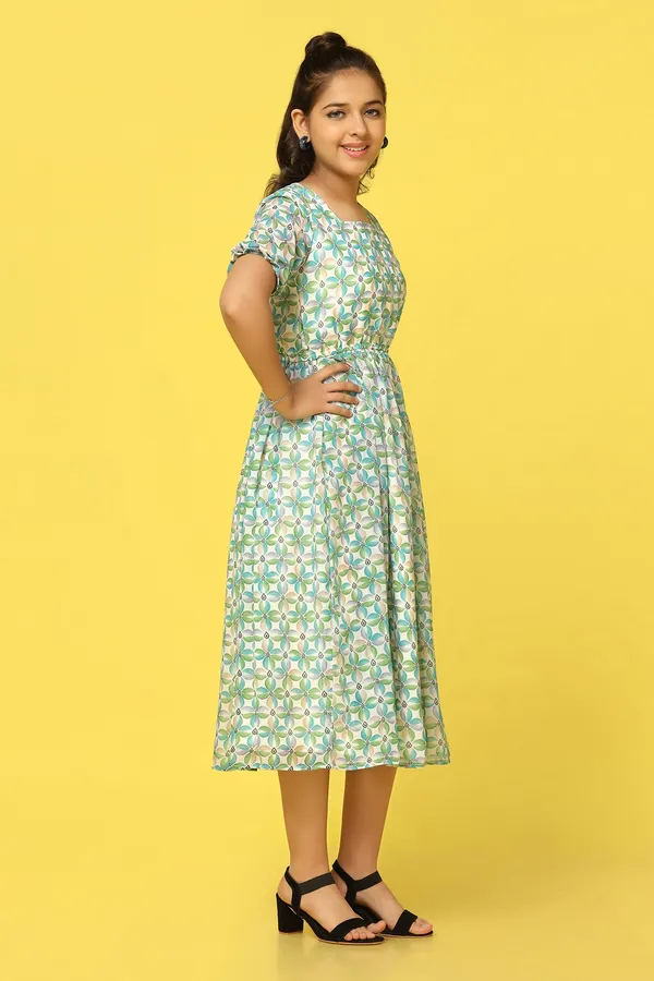 Green_Georgette_Floral_Printed_Calf_Length_Dress_For_Girls