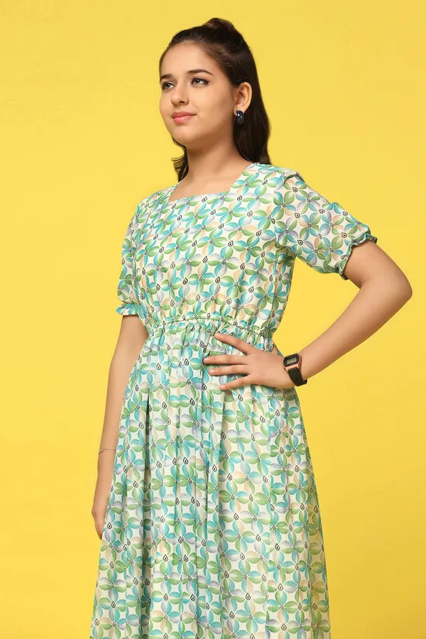 Green_Georgette_Floral_Printed_Calf_Length_Dress_For_Girls