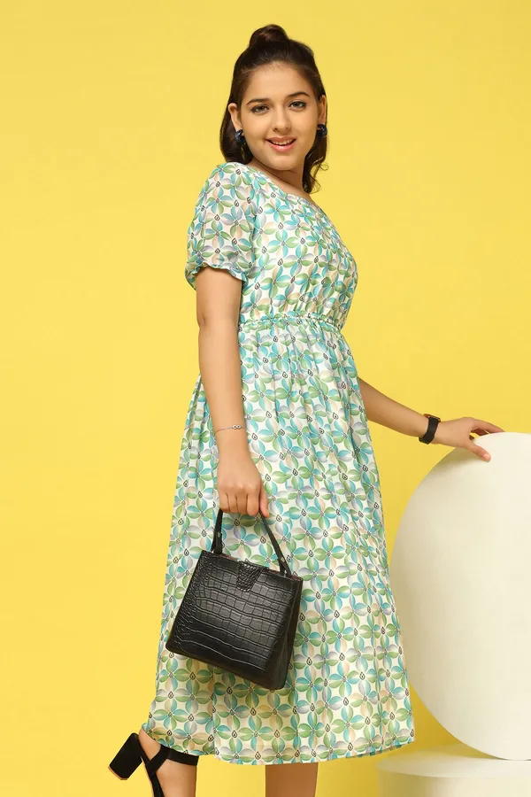 Green_Georgette_Floral_Printed_Calf_Length_Dress_For_Girls