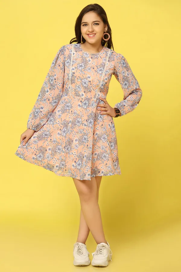 Peach_Chiffon_Fit_And_Flare_Floral_Print_Dress_For_Girls