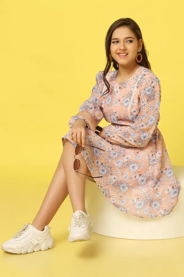 Peach_Chiffon_Fit_And_Flare_Floral_Print_Dress_For_Girls