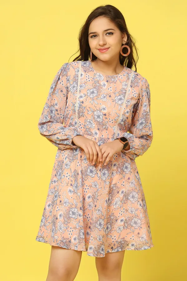 Peach_Chiffon_Fit_And_Flare_Floral_Print_Dress_For_Girls