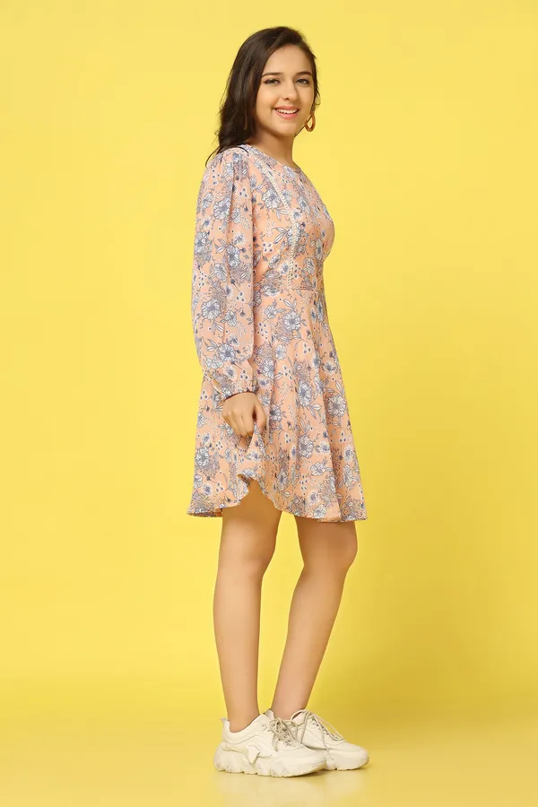 Peach_Chiffon_Fit_And_Flare_Floral_Print_Dress_For_Girls
