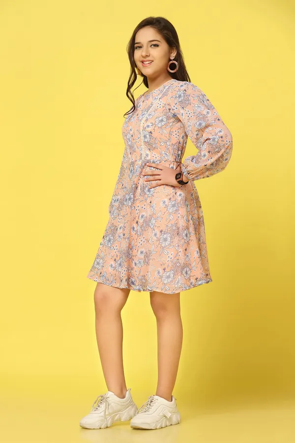 Peach_Chiffon_Fit_And_Flare_Floral_Print_Dress_For_Girls