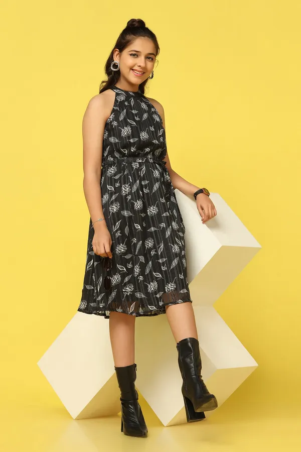Black_Georgette_All-Over_Printed_Knee_Length_Dress_For_Girls
