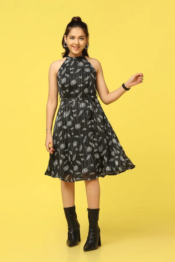 Black_Georgette_All-Over_Printed_Knee_Length_Dress_For_Girls
