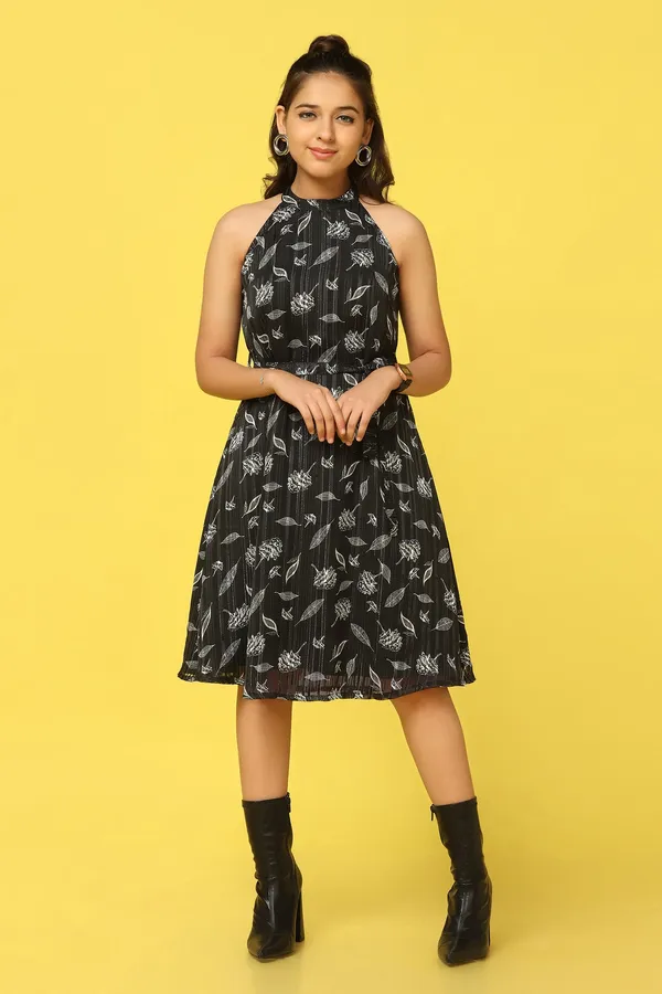 Black_Georgette_All-Over_Printed_Knee_Length_Dress_For_Girls