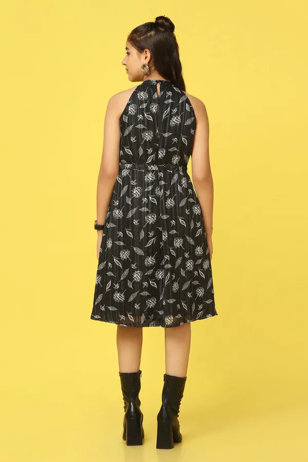 Black_Georgette_All-Over_Printed_Knee_Length_Dress_For_Girls