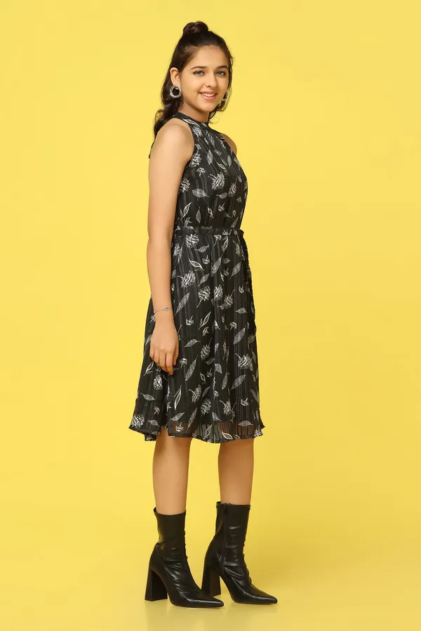 Black_Georgette_All-Over_Printed_Knee_Length_Dress_For_Girls