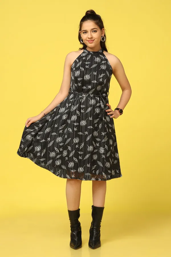 Black_Georgette_All-Over_Printed_Knee_Length_Dress_For_Girls