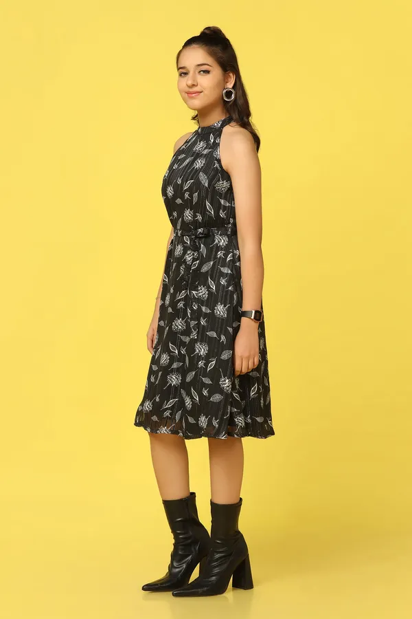 Black_Georgette_All-Over_Printed_Knee_Length_Dress_For_Girls