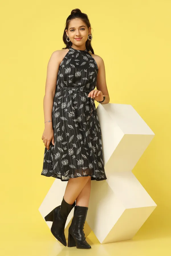 Black_Georgette_All-Over_Printed_Knee_Length_Dress_For_Girls
