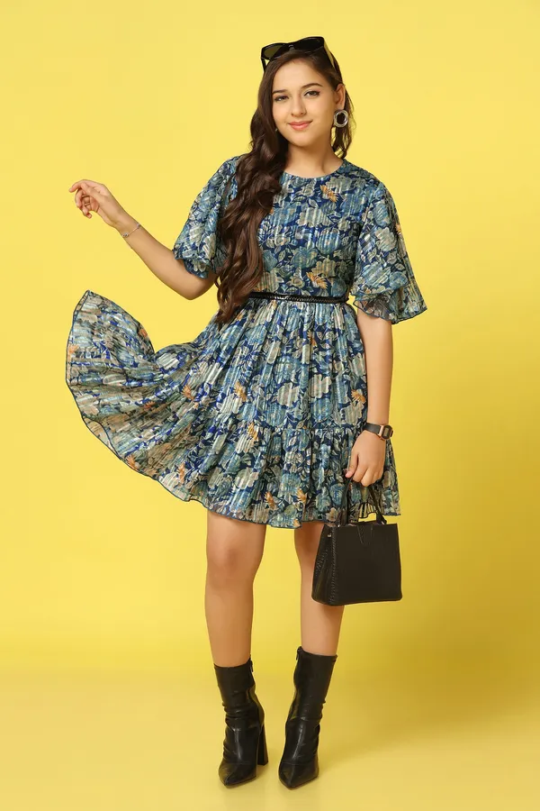 Blue_Georgette_Floral_Printed_Knee_Length_Dress_For_Girls