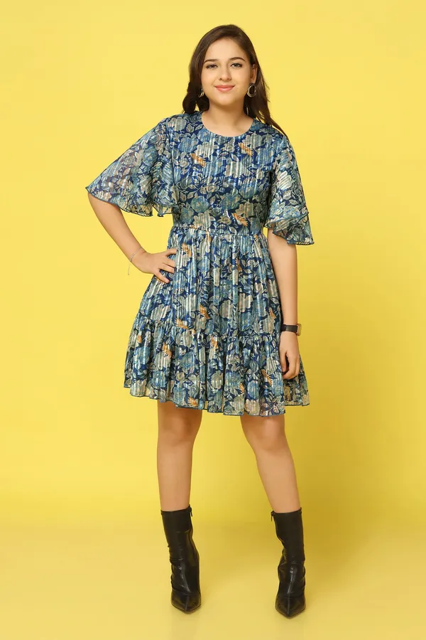 Blue_Georgette_Floral_Printed_Knee_Length_Dress_For_Girls