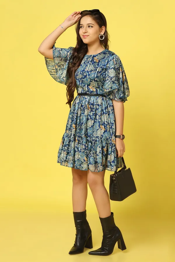 Blue_Georgette_Floral_Printed_Knee_Length_Dress_For_Girls