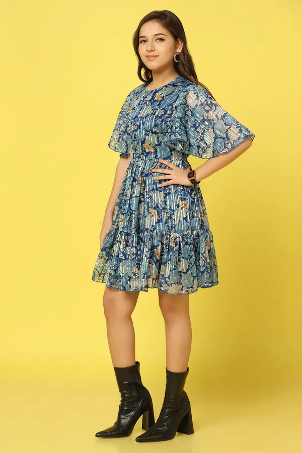 Blue_Georgette_Floral_Printed_Knee_Length_Dress_For_Girls