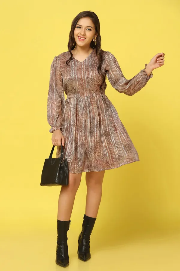 Brown_Georgette_All-Over_Printed_Above_Knee_Length_Dress_For_Girls