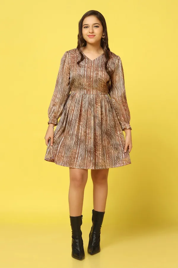 Brown_Georgette_All-Over_Printed_Above_Knee_Length_Dress_For_Girls