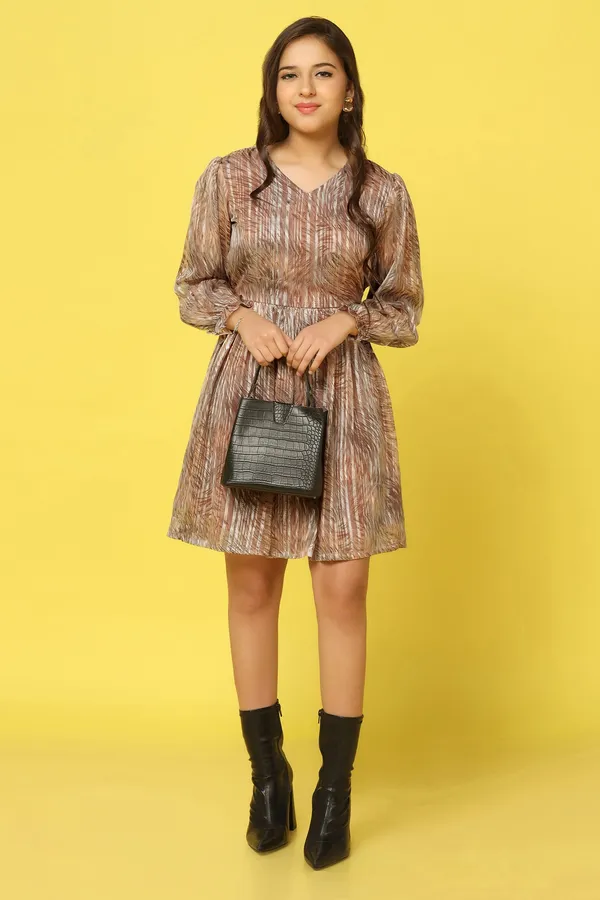 Brown_Georgette_All-Over_Printed_Above_Knee_Length_Dress_For_Girls