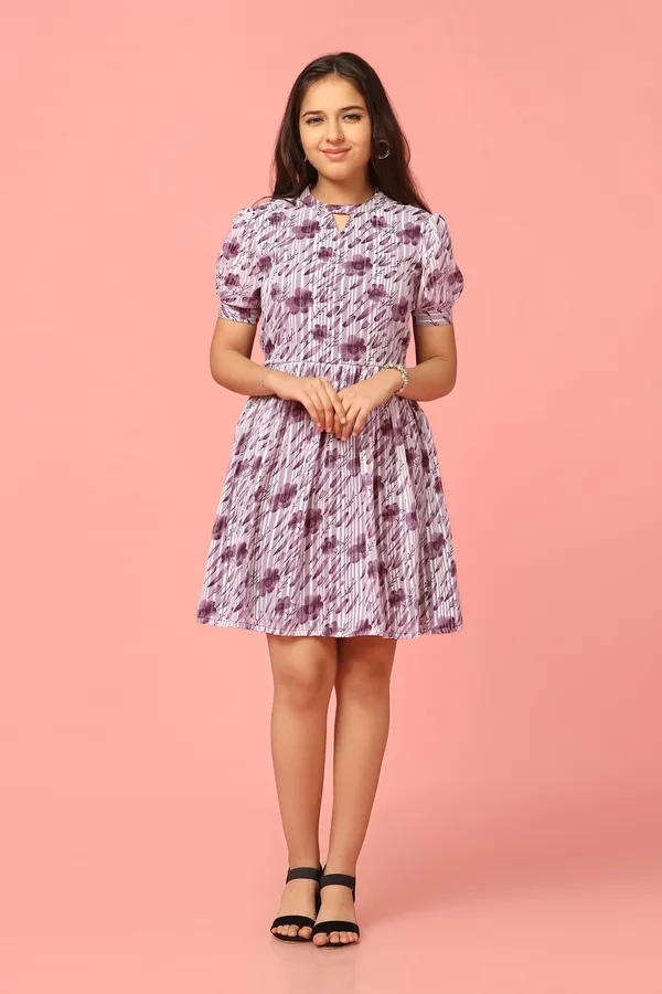 Purple_Georgette_Floral_Printed_Above_Knee_Length_Dress_For_Girls