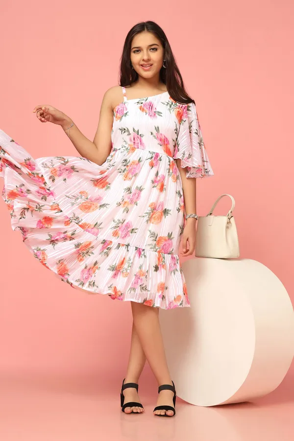 White_Georgette_Floral_Printed_Knee_Length_Dress_For_Girls