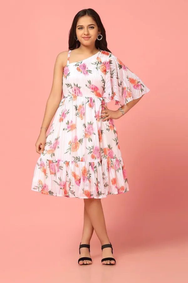 White_Georgette_Floral_Printed_Knee_Length_Dress_For_Girls