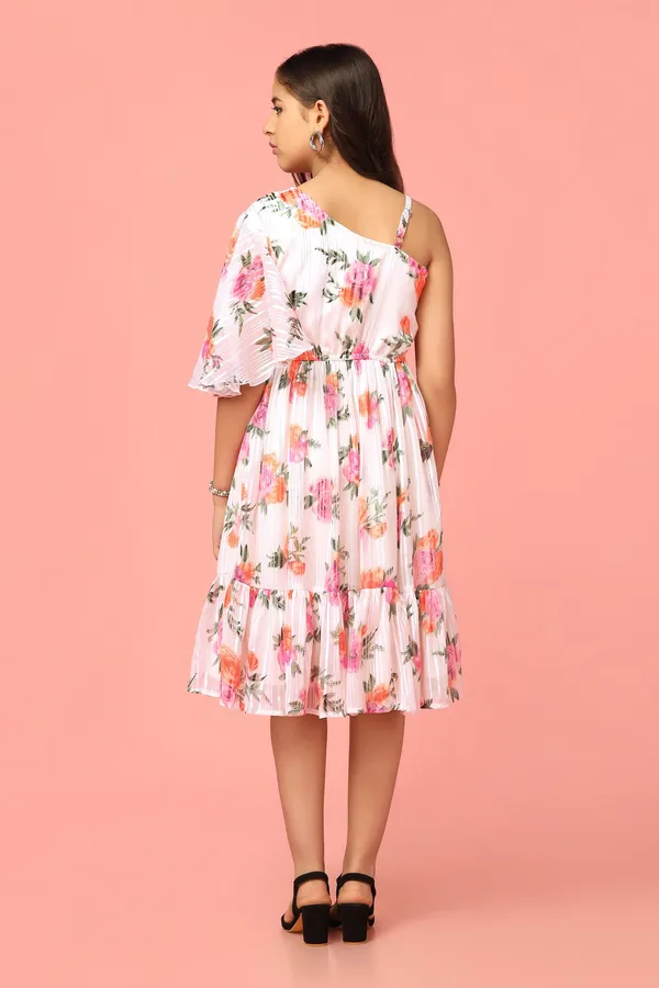 White_Georgette_Floral_Printed_Knee_Length_Dress_For_Girls