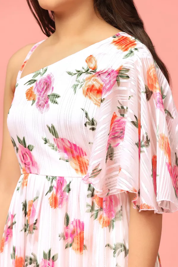 White_Georgette_Floral_Printed_Knee_Length_Dress_For_Girls