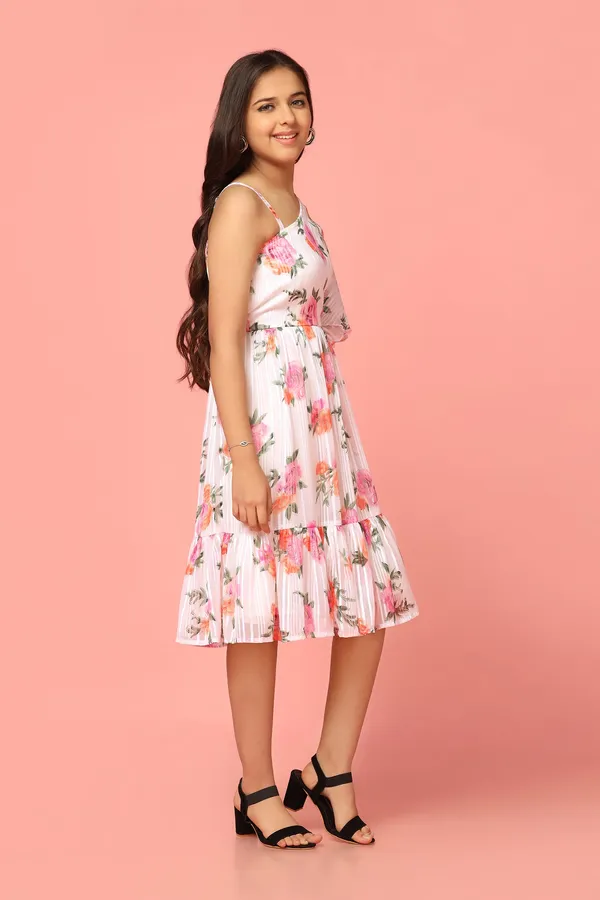 White_Georgette_Floral_Printed_Knee_Length_Dress_For_Girls