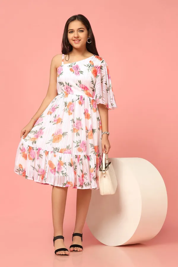 White_Georgette_Floral_Printed_Knee_Length_Dress_For_Girls