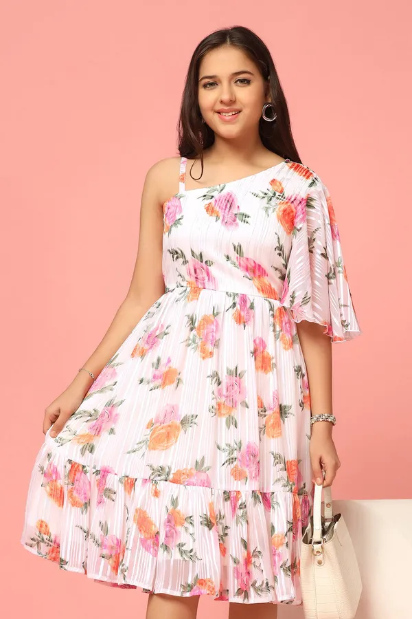 White_Georgette_Floral_Printed_Knee_Length_Dress_For_Girls