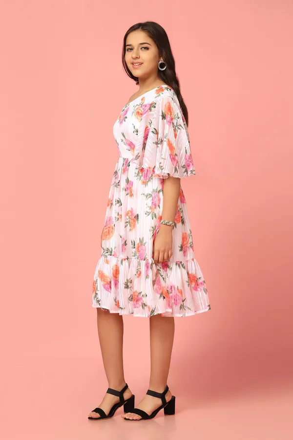 White_Georgette_Floral_Printed_Knee_Length_Dress_For_Girls
