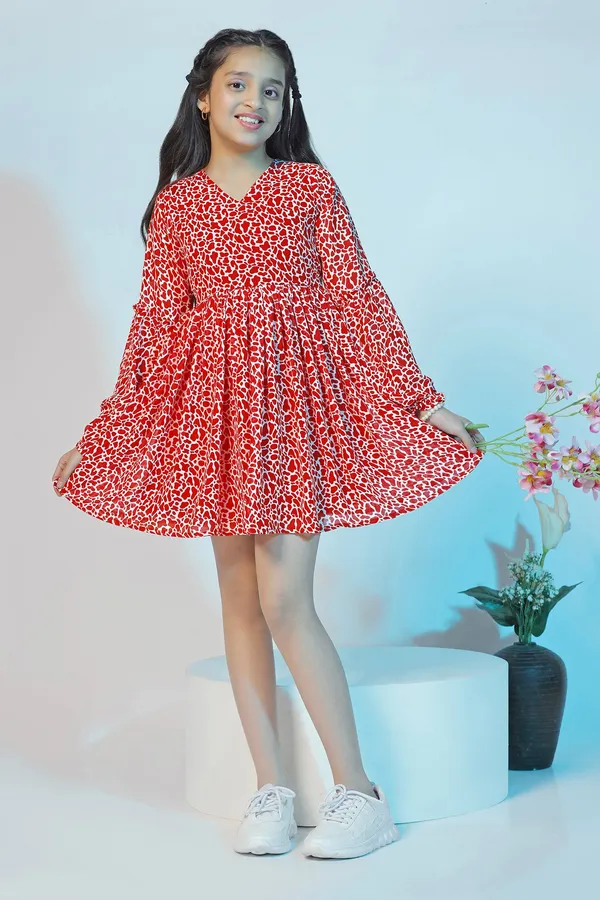 Red_Georgette_Animal_Printed_Above_Knee_Length_Dress_For_Girls