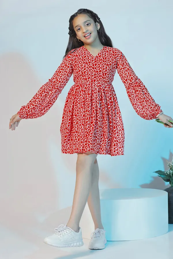 Red_Georgette_Animal_Printed_Above_Knee_Length_Dress_For_Girls