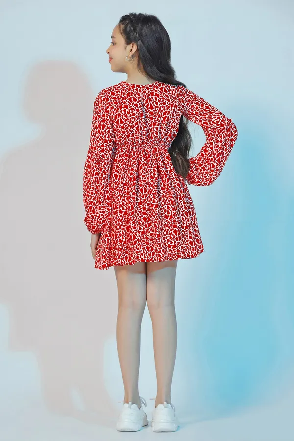 Red_Georgette_Animal_Printed_Above_Knee_Length_Dress_For_Girls