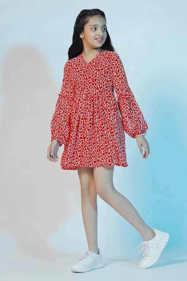 Red_Georgette_Animal_Printed_Above_Knee_Length_Dress_For_Girls