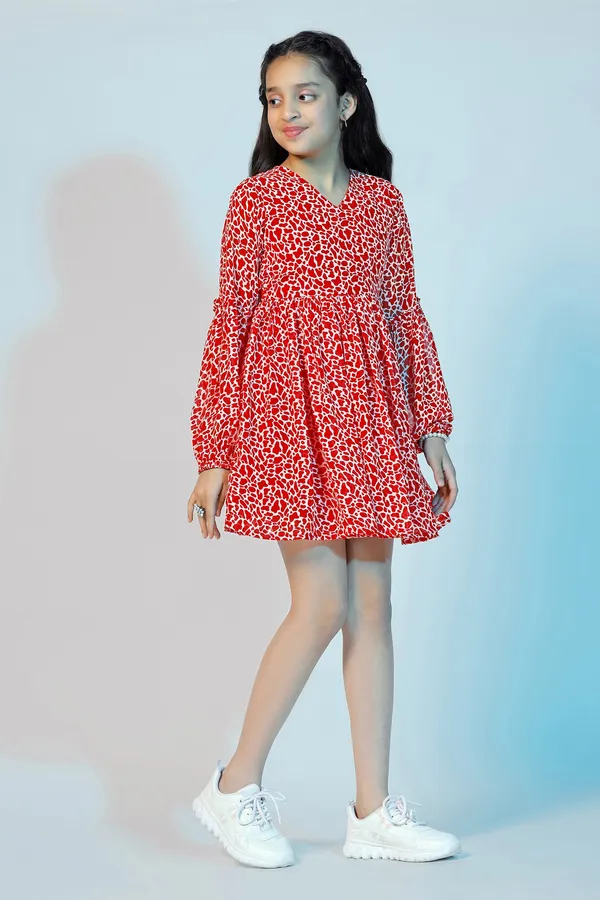 Red_Georgette_Animal_Printed_Above_Knee_Length_Dress_For_Girls
