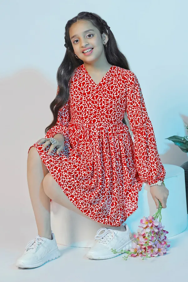 Red_Georgette_Animal_Printed_Above_Knee_Length_Dress_For_Girls