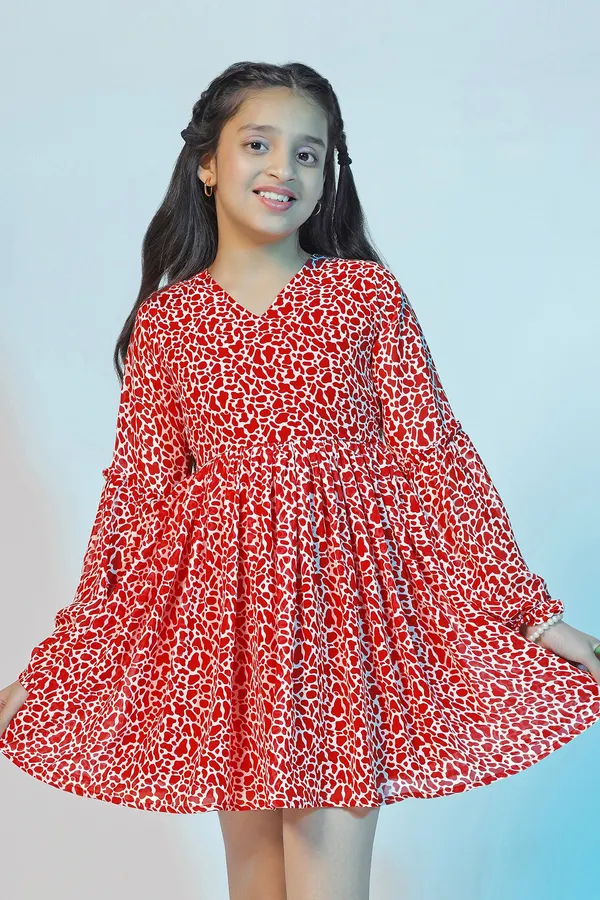 Red_Georgette_Animal_Printed_Above_Knee_Length_Dress_For_Girls
