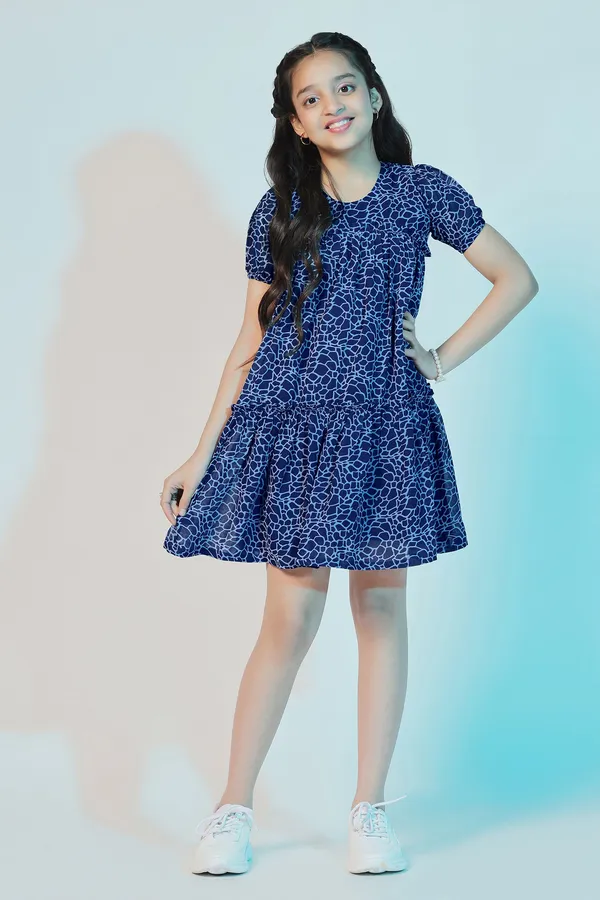 Blue_Georgette_Animal_Printed_Above_Knee_Length_Dress_For_Girls
