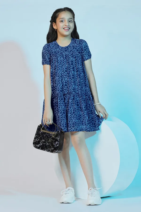 Blue_Georgette_Animal_Printed_Above_Knee_Length_Dress_For_Girls